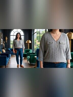 Joie De Vivre Plus Size 1X Gray Ribbed Half Zip V-Neck Knit Blouse